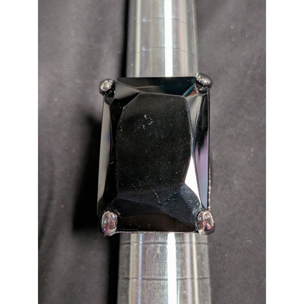 Vintage Black Emerald Cut Statement Ring Silver Tone Chunky Size 6 Brutalist